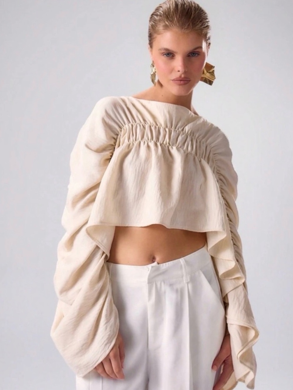 Musera Statement Cream Ruched Crop Blouse NEW Boho Chic Modern Romantic